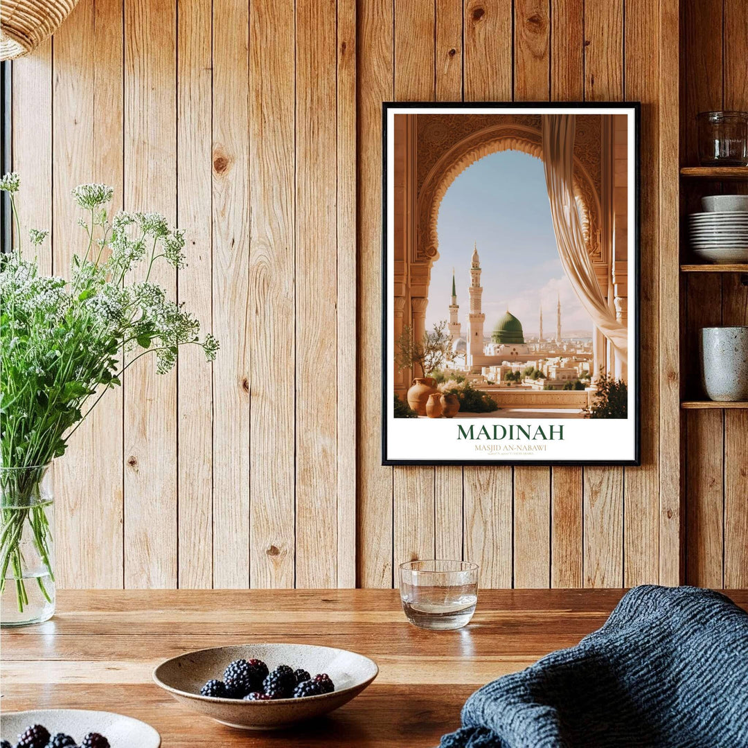 Symmetrical fine art print of historic Al Masjid an Nabawi showing sheer drapes, clay pottery, and tall illuminated minarets. Curated by MapYourDreams, this artwork is available in flexible options including unframed paper, custom wooden frames, and gallery canvas wraps tailored for interior design.