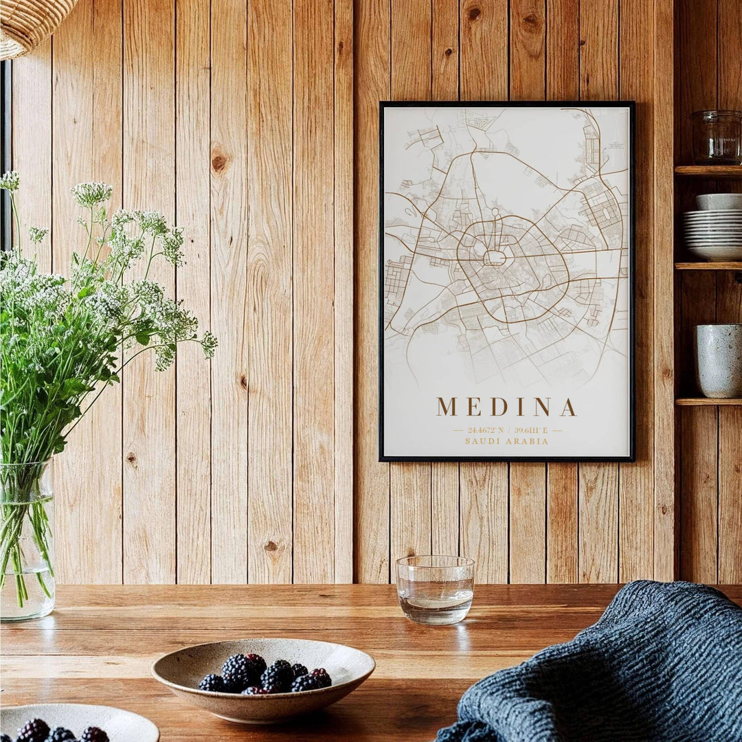 Symmetrical vector map print of historic Medina city showing concentric ring roads and central sanctuary zone. Curated by MapYourDreams, this artwork is available in flexible options including unframed paper, custom wooden frames, and gallery canvas wraps tailored for interior design.