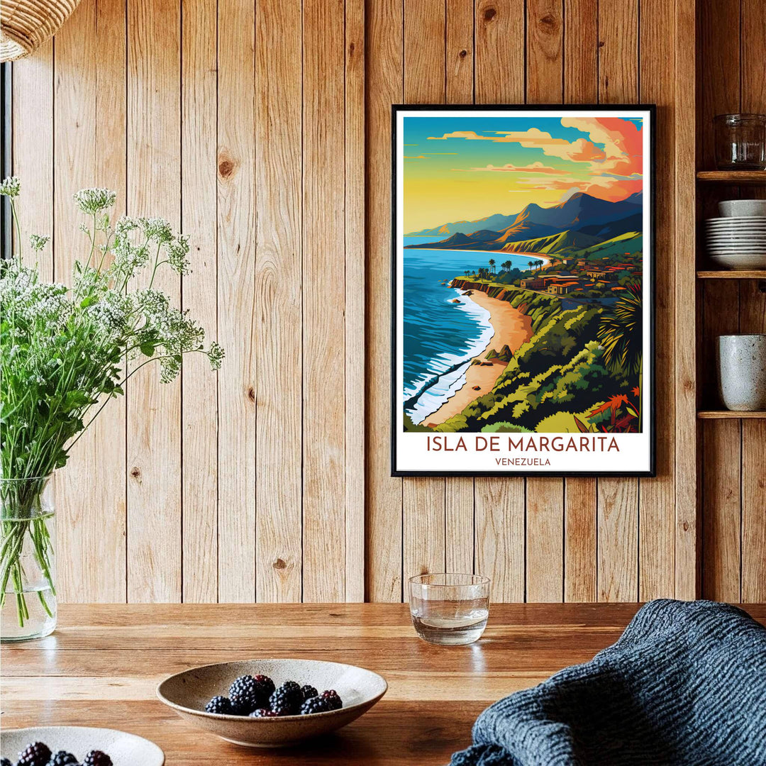 Detailed vector geography travel poster representing the famous Caribbean coastline and mountain ridges of Margarita Island, Venezuela. Brought to you by MapYourDreams, this item can be ordered on archival paper, in custom wooden frames, or wrapped on canvas.