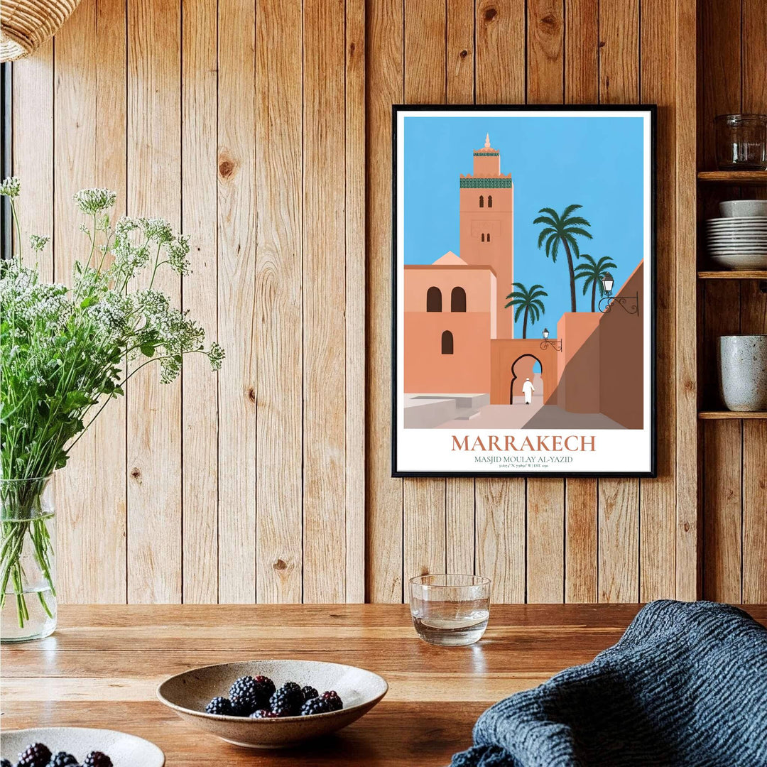 Symmetrical minimalist graphic print of historic Kasbah Mosque in Marrakech showing arched entryway and tall square minaret. Curated by MapYourDreams, this artwork is available in flexible options including unframed paper, custom wooden frames, and gallery canvas wraps tailored for interior design.