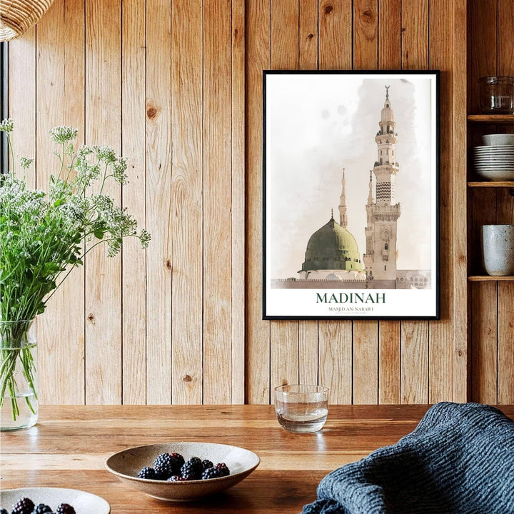 Symmetrical watercolor painting print of historic Al Masjid an Nabawi showing the Green Dome and tall white minaret. Curated by MapYourDreams, this artwork is available in flexible options including unframed paper, custom wooden frames, and gallery canvas wraps tailored for interior design.