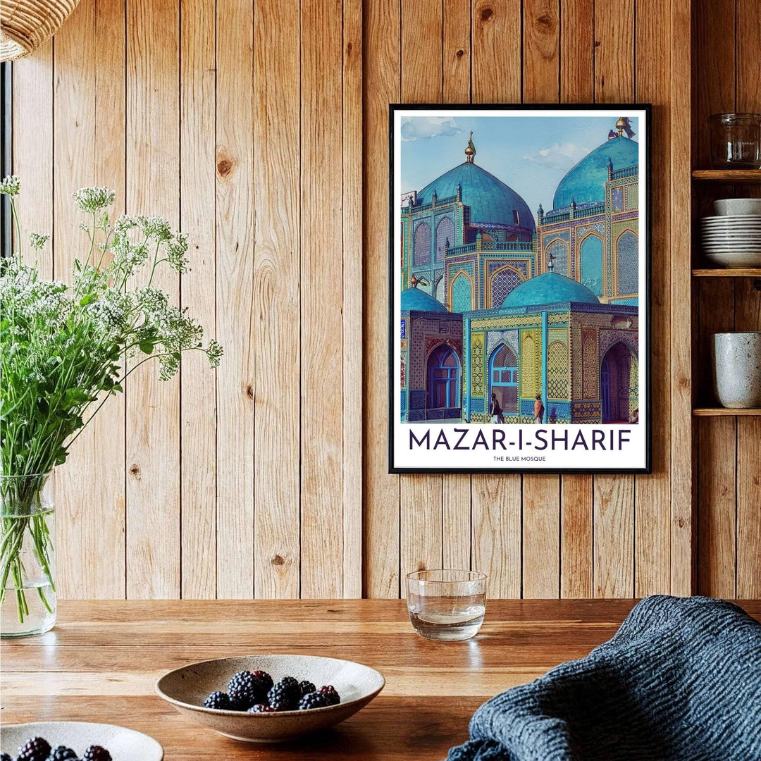 Symmetrical fine art print of historic Mazar-i-Sharif Blue Mosque showing arched doorways, ochre accents, and multi-layered turquoise domes. Curated by MapYourDreams, this artwork is available in flexible options including unframed paper, custom wooden frames, and gallery canvas wraps tailored for interior design.