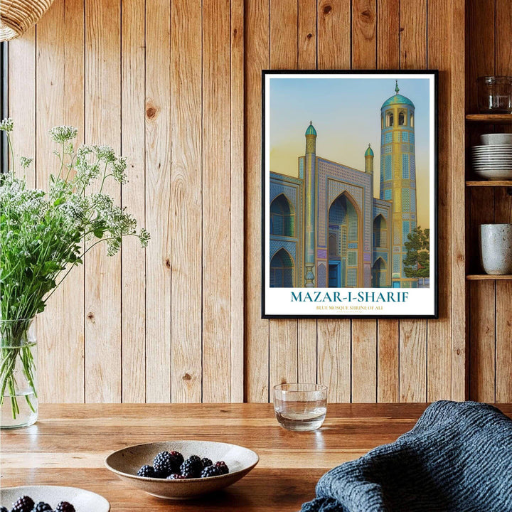 Detailed tilework fine art print of historic Mazar-i-Sharif Blue Mosque showing arched porticos and ribbed turquoise domes. Curated by MapYourDreams, this artwork is available in flexible options including unframed paper, custom wooden frames, and gallery canvas wraps tailored for interior design.