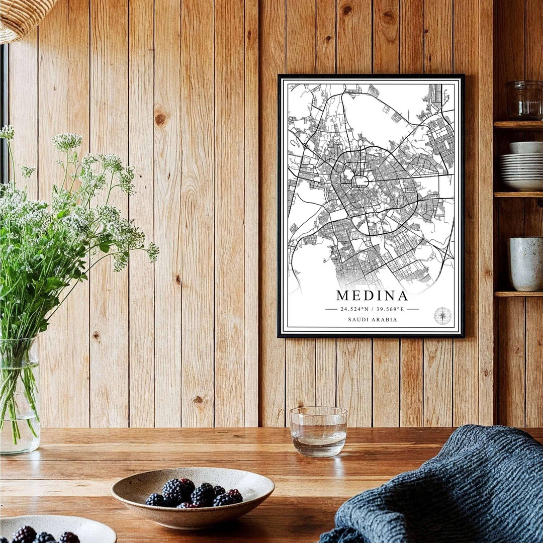 Symmetrical vector map print of historic Medina city showing concentric ring roads and central sanctuary zone in clean black and white. Curated by MapYourDreams, this artwork is available in flexible options including unframed paper, custom wooden frames, and gallery canvas wraps tailored for interior design.