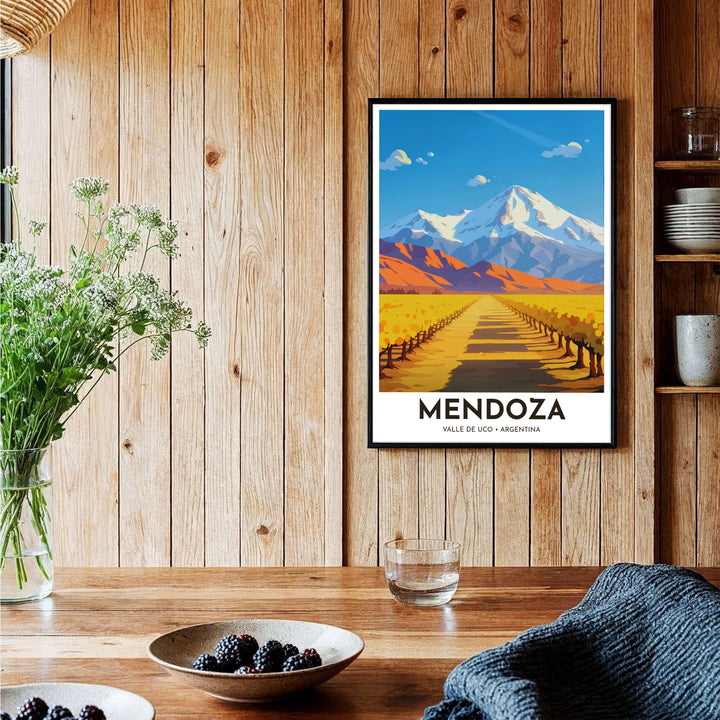 Detailed vineyard landscape poster representing the winemaking heritage and scenic beauty of Valle de Uco, Argentina. Brought to you by MapYourDreams, this item can be ordered on archival paper, in custom wooden frames, or wrapped on canvas.