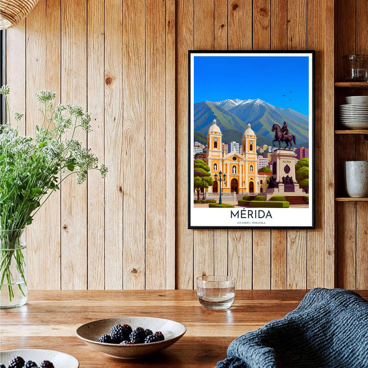 Detailed geography and architecture poster representing the historic cathedral and high-altitude Andes landscape of Mérida, Venezuela. Brought to you by MapYourDreams, this item can be ordered on archival paper, in custom wooden frames, or wrapped on canvas.
