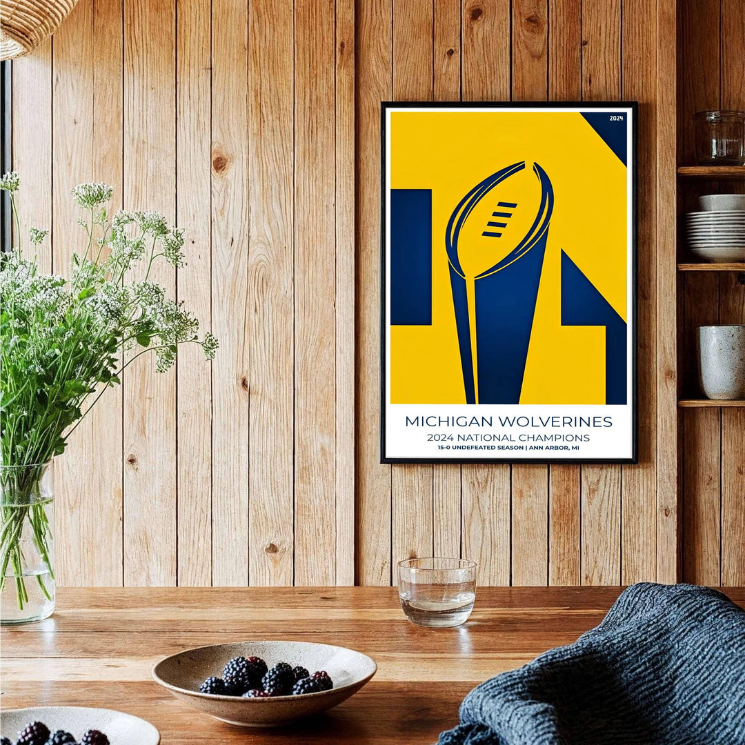 Commemorative sports wall art poster featuring Michigan Football 2024 National Champions trophy layout in clean graphic vector style. Supplied by MapYourDreams, this artwork is available in flexible options including unframed paper, custom wooden frames, and gallery canvas wraps for stylish decor.