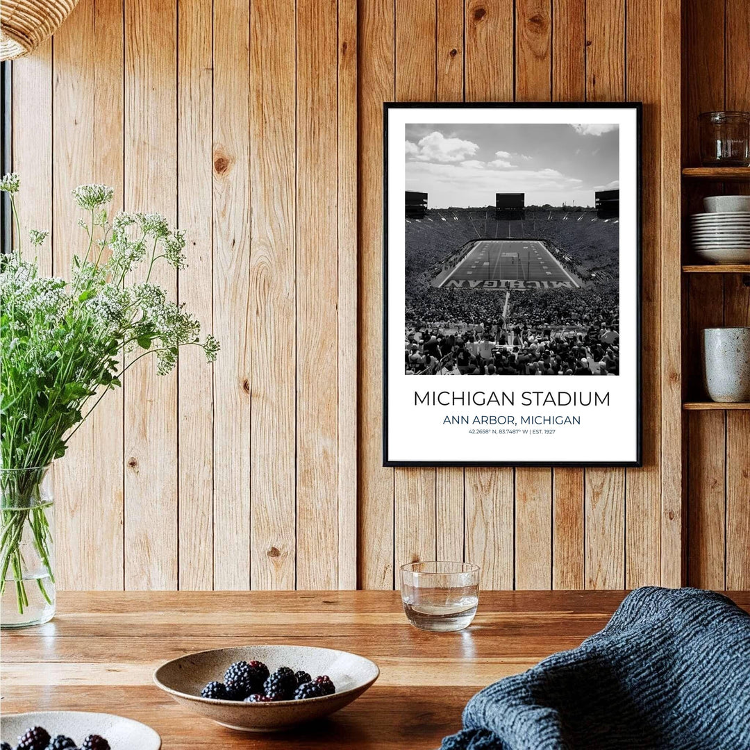 Michigan football print showing Ann Arbor stadium in a crisp black and white fine art photography travel poster style. Handcrafted by MapYourDreams, this artwork is available in flexible options including unframed paper, custom wooden frames, and gallery canvas wraps for gallery wall displays.