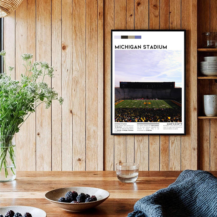 Collegiate sports architecture poster featuring Michigan Stadium The Big House in Ann Arbor Michigan layout. Supplied by MapYourDreams, this artwork is available in flexible options including unframed paper, custom wooden frames, and gallery canvas wraps for stylish decor.