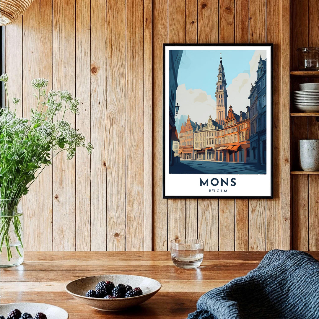 Artistic European travel print showcasing shaded cobblestone streets and rising spires across Mons, Belgium. Offered by MapYourDreams, this artwork is available in flexible options including unframed paper, custom wooden frames, and gallery canvas wraps.