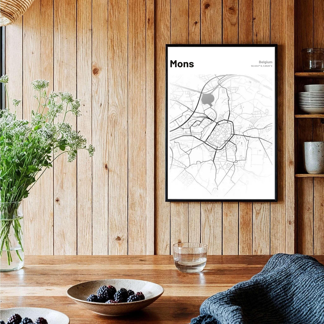 Elegant cartographic print showing the distinct radial road pattern and street geometry of Mons, Belgium, for contemporary homes. Offered by MapYourDreams, this artwork is available in flexible options including unframed paper, custom wooden frames, and gallery canvas wraps.