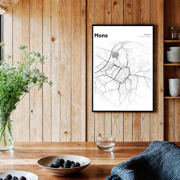 Elegant cartographic print showing the distinct radial road pattern and street geometry of Mons, Belgium, for contemporary homes. Offered by MapYourDreams, this artwork is available in flexible options including unframed paper, custom wooden frames, and gallery canvas wraps.