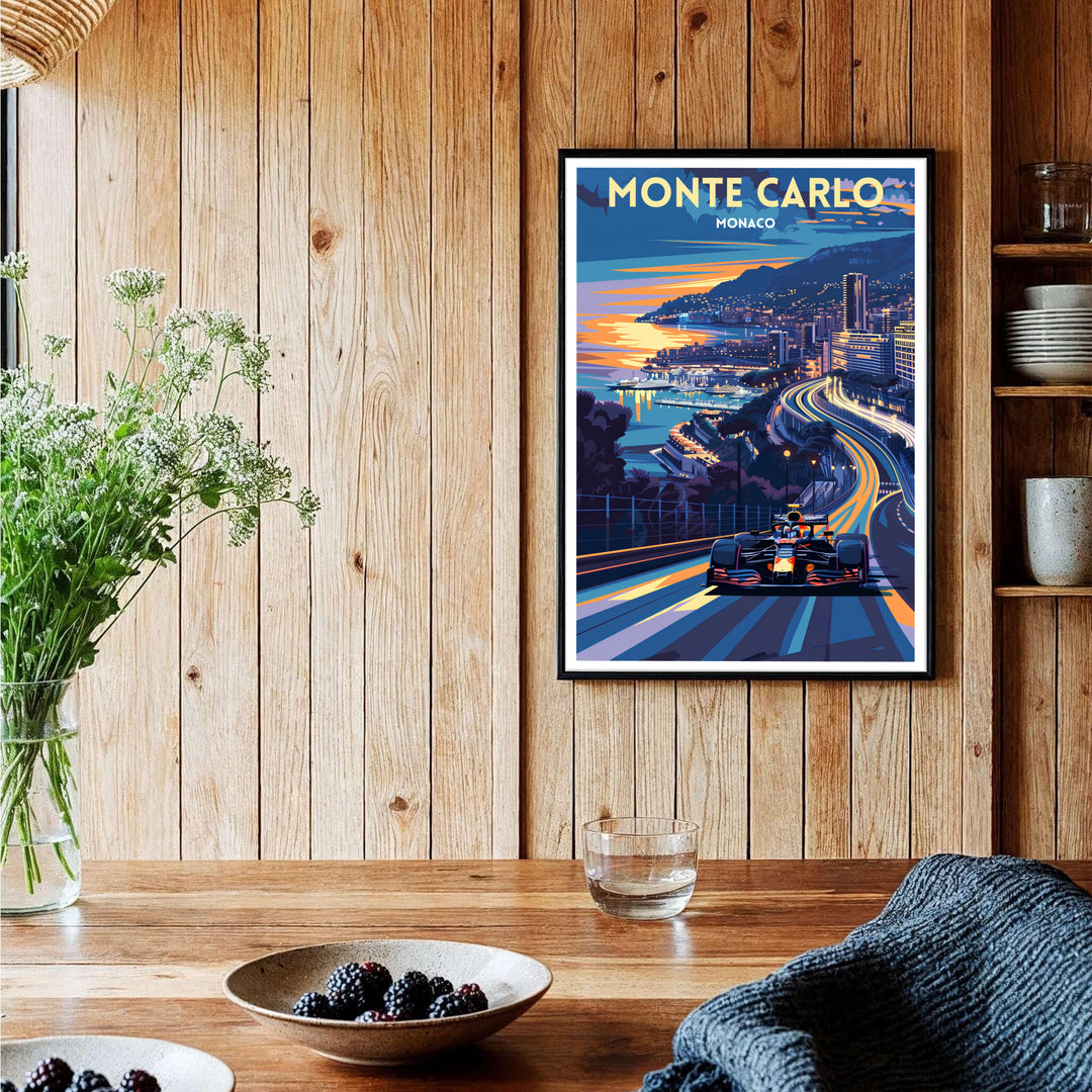 Architectural and sports wall decor capturing the high-octane energy of the Monaco Grand Prix in Monte Carlo, featuring a detailed race car under a colorful sunset sky; manufactured in multiple high-quality formats including canvas prints, unframed posters, and framed options.