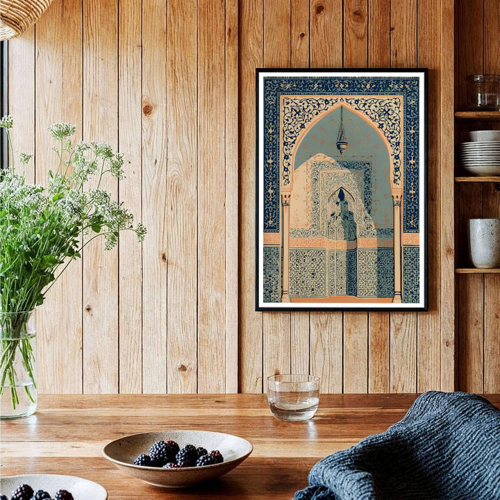 Symmetrical vector graphic print of historic Alhambra Moorish arch showing hanging brass lantern and carved stucco wall panels. Curated by MapYourDreams, this artwork is available in flexible options including unframed paper, custom wooden frames, and gallery canvas wraps tailored for interior design.