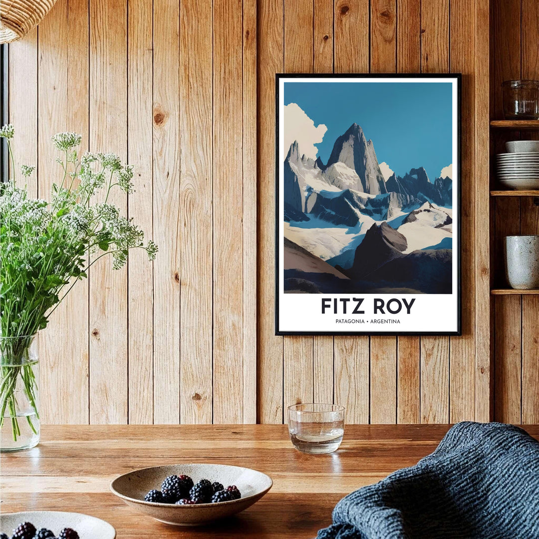 Detailed vector landscape poster representing the iconic mountain climbing landmark of Mount Fitz Roy near El Chalten, Argentina. Brought to you by MapYourDreams, this item can be ordered on archival paper, in custom wooden frames, or wrapped on canvas.