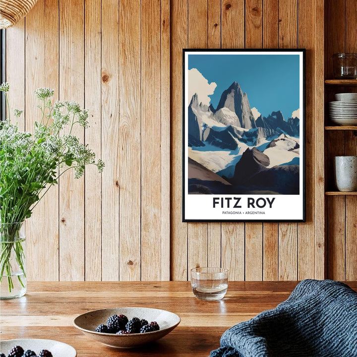 Detailed vector landscape poster representing the iconic mountain climbing landmark of Mount Fitz Roy near El Chalten, Argentina. Brought to you by MapYourDreams, this item can be ordered on archival paper, in custom wooden frames, or wrapped on canvas.