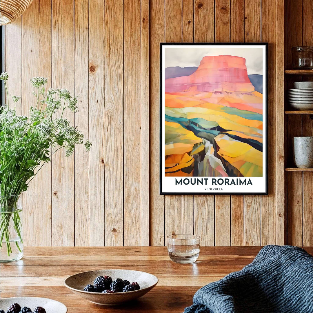 Detailed vector abstract geography poster representing the ancient table-top mountains and unique landscape of Venezuela. Brought to you by MapYourDreams, this item can be ordered on archival paper, in custom wooden frames, or wrapped on canvas.