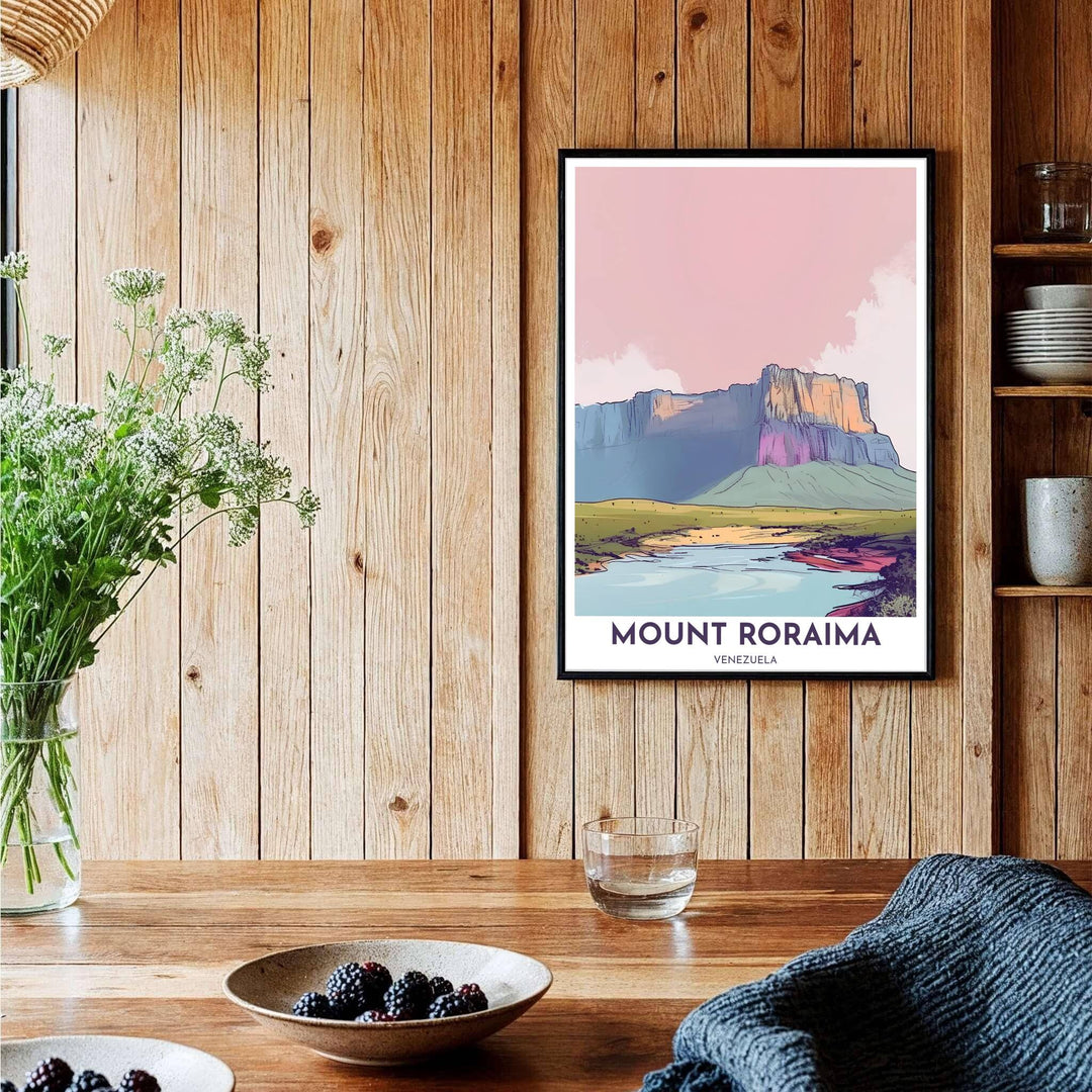 Detailed geography illustration poster representing the iconic table-top tepui mountain and river landscape of Venezuela. Brought to you by MapYourDreams, this item can be ordered on archival paper, in custom wooden frames, or wrapped on canvas.