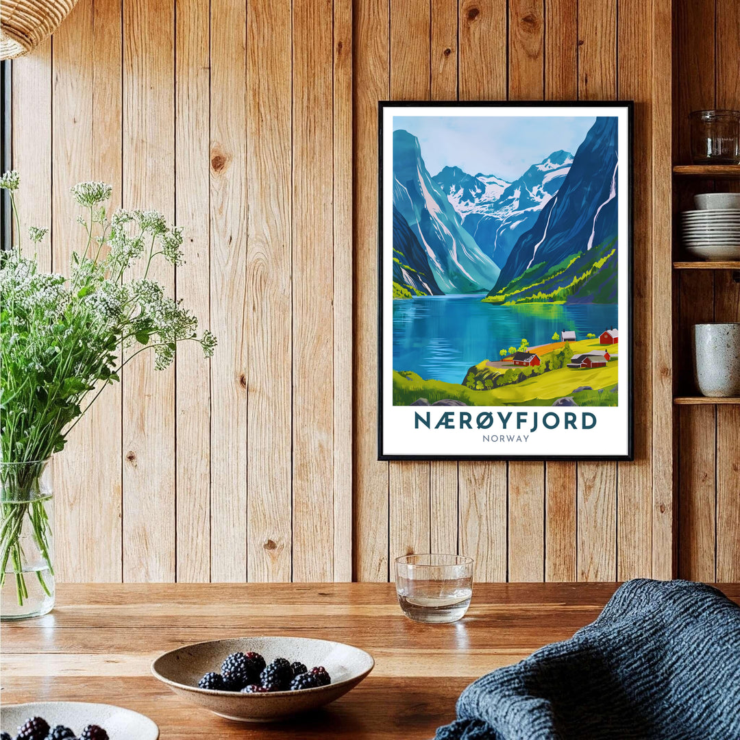 Clean Scandinavian travel print featuring neat typography for Nærøyfjord Norway with a scenic mountain valley and fjord illustration. Perfect for modern room layouts, choose from custom framed presentation options, unframed fine art paper prints, or premium canvas wraps to complete your gallery wall.