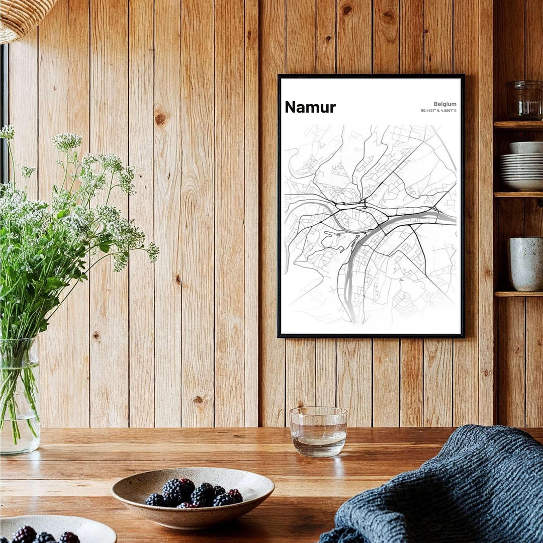 Elegant cartographic print showing the dramatic river valley curves and urban street geometry of Namur, Belgium, for minimalist decor themes. Offered by MapYourDreams, this artwork is available in flexible options including unframed paper, custom wooden frames, and gallery canvas wraps.