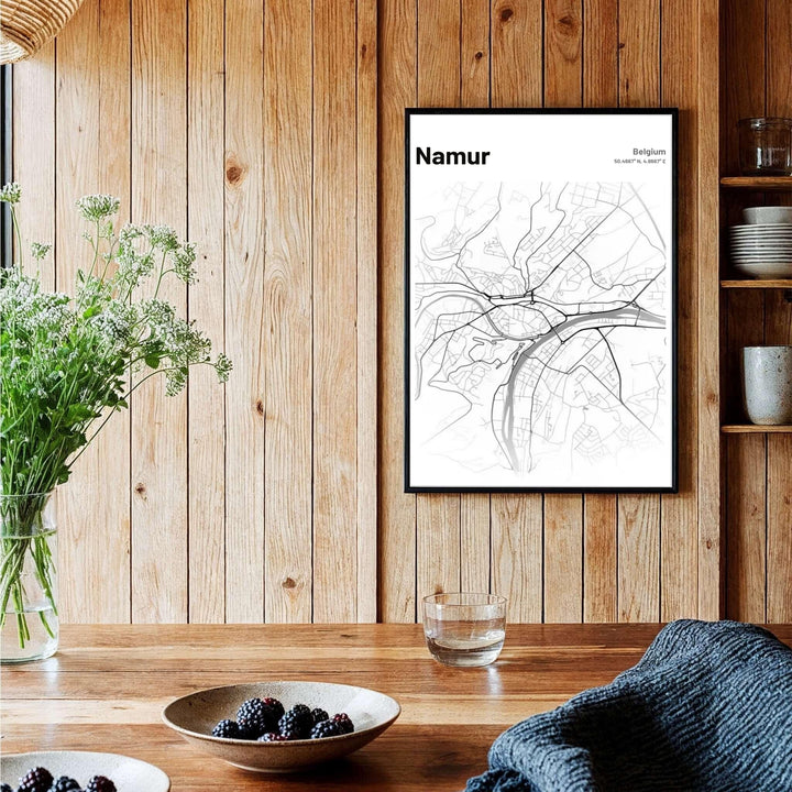 Elegant cartographic print showing the dramatic river valley curves and urban street geometry of Namur, Belgium, for minimalist decor themes. Offered by MapYourDreams, this artwork is available in flexible options including unframed paper, custom wooden frames, and gallery canvas wraps.