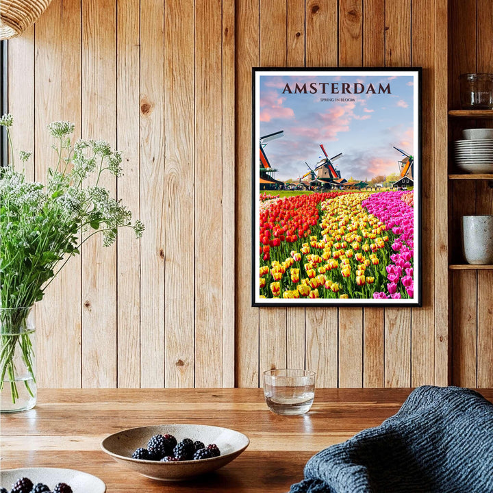 Detailed floral landscape illustration showing vibrant tulip fields and historic windmill architecture in Amsterdam Netherlands, provided by MapYourDreams with available format choices like unframed paper prints, gallery canvas, or custom frame finishes in retro white, grey, and pure gold.