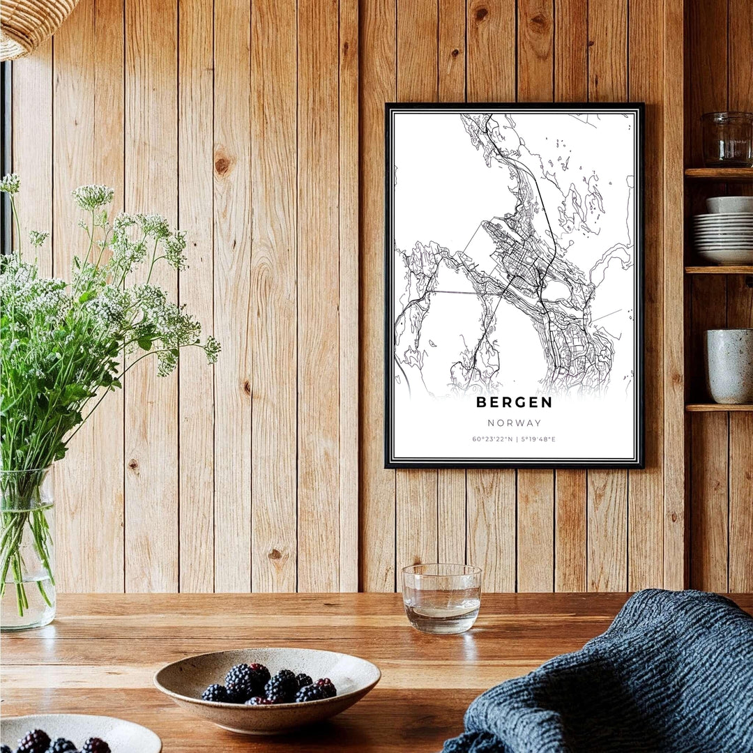 Clean cartographic map poster featuring modern typography and exact latitude longitude coordinates for Bergen Norway. Perfect for study or office layouts, choose from custom framed presentation options, unframed fine art paper prints, or premium canvas wraps to complete your gallery wall.