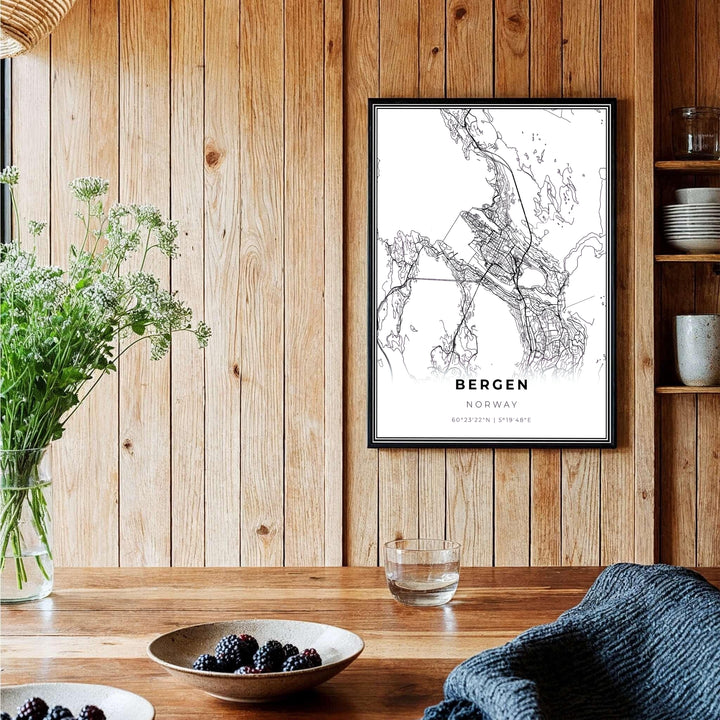 Clean cartographic map poster featuring modern typography and exact latitude longitude coordinates for Bergen Norway. Perfect for study or office layouts, choose from custom framed presentation options, unframed fine art paper prints, or premium canvas wraps to complete your gallery wall.