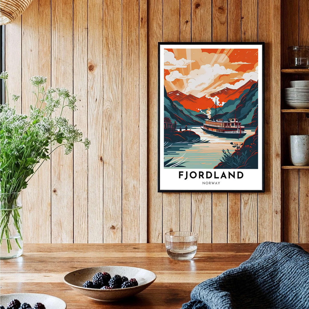 Artistic landscape illustration depicting a steamboat navigating Norwegian coastal waters under a radiant orange sky. Perfect for study or living room layouts, choose from custom framed presentation options, unframed fine art paper prints, or premium canvas wraps to complete your gallery wall.