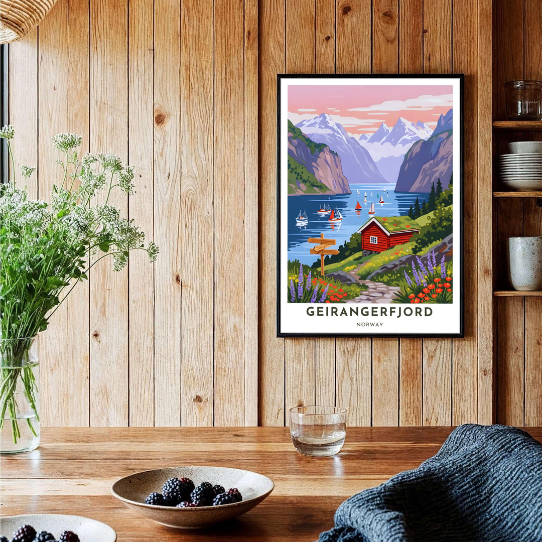 Artistic landscape illustration depicting the famous Geirangerfjord in Norway with a rustic cottage, blooming flowers, and calm water views. Perfect for study or living room layouts, choose from custom framed presentation options, unframed fine art paper prints, or premium canvas wraps to complete your gallery wall.