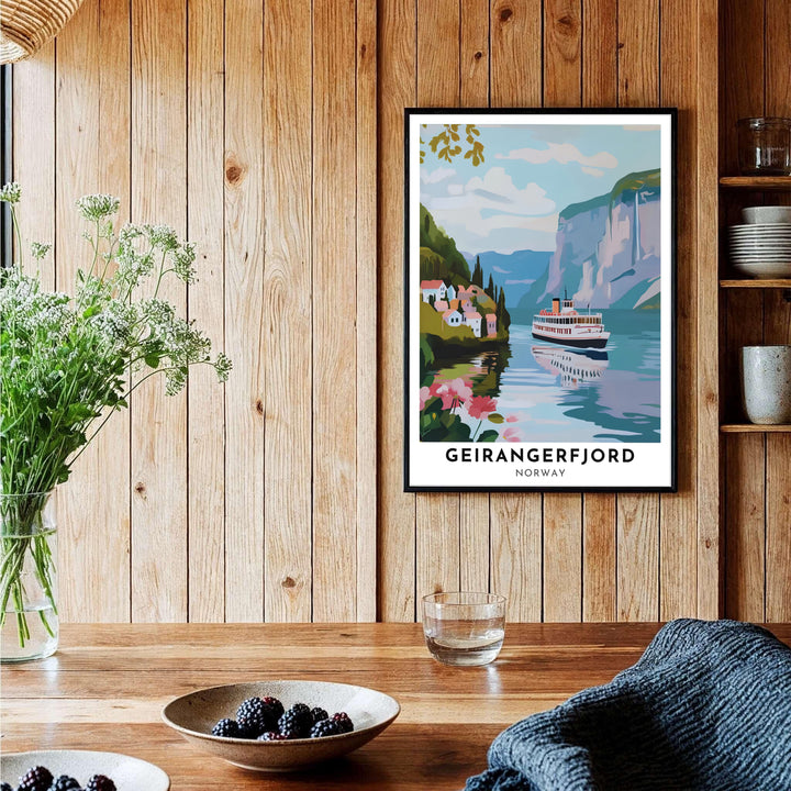 Retro maritime travel illustration of Geirangerfjord Norway capturing a ferry ship cruising deep blue waters below steep mountain walls. This coastal piece is offered across multiple formats including custom framed prints, premium canvas stretched artwork, and classic unframed poster options.