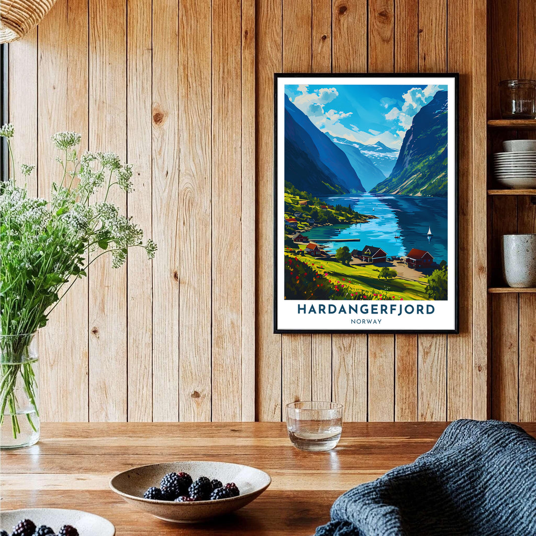 Radiant summer travel illustration of Hardangerfjord Norway capturing a scenic waterfront village framed by deep blue waters and cliffs. This coastal wall piece is offered across multiple formats including custom framed prints, premium canvas stretched artwork, and classic unframed poster options.