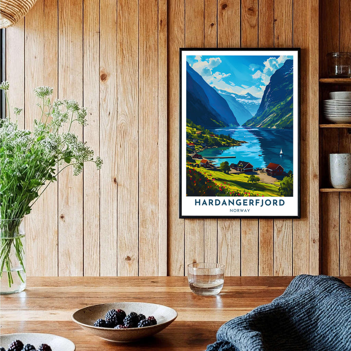 Radiant summer travel illustration of Hardangerfjord Norway capturing a scenic waterfront village framed by deep blue waters and cliffs. This coastal wall piece is offered across multiple formats including custom framed prints, premium canvas stretched artwork, and classic unframed poster options.