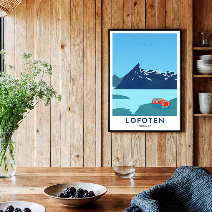 Contemporary Scandinavian artwork depicting Lofoten Norway with simple vector shapes and striking red cabin contrast. Perfect for office layouts, choose from custom framed options, unframed fine art paper prints, or gallery wrapped canvas displays.