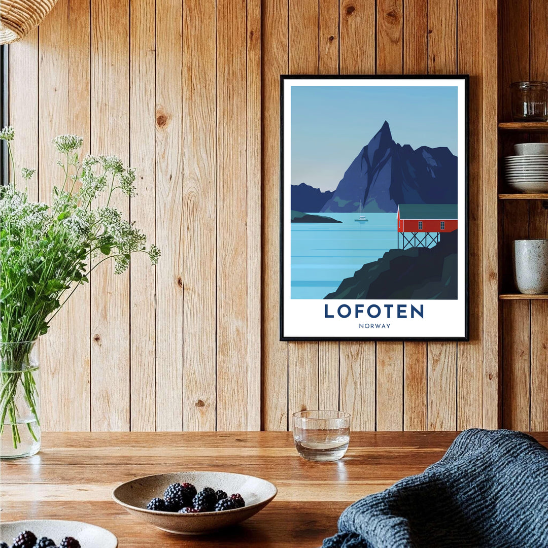 Clean Scandinavian landscape print of Lofoten Norway with flat color vectors depicting a red cabin, calm fjord water, and a mountain peak silhouette. Decorate your office or home with this artwork, available in lightweight unframed paper, protective framed designs, or gallery wrap canvas options.