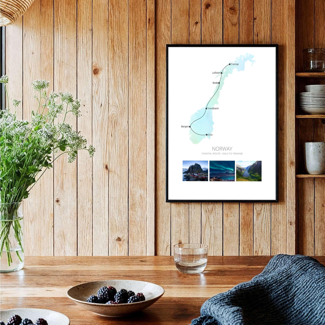Clean vector map of Norway depicting the route from Oslo to Tromsø over a soft green gradient background with scenic photo panels. Decorate your space with this artwork, available in lightweight unframed paper, protective framed designs, or gallery wrap canvas options.
