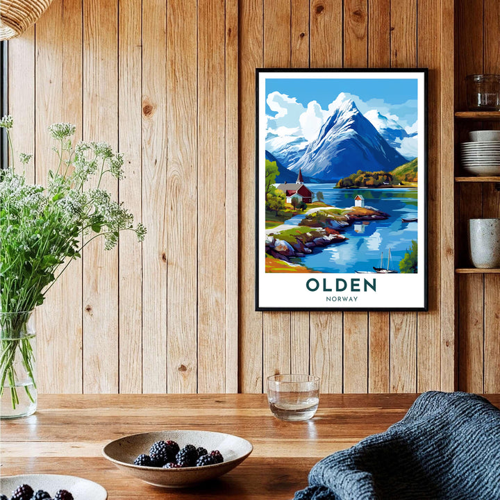 Vintage style graphic art poster of Olden Norway showcasing the picturesque Nordfjord landscape with boats moored near the shoreline. Enhance your living room with options including unframed archival paper prints, custom wood framed artwork, and gallery quality canvas wraps.