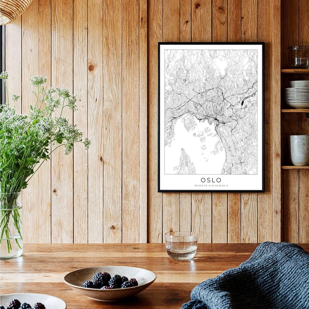 Clean line city grid art poster illustrating the central urban layout of Oslo Norway on a bright white background canvas. Enhance your office space with options including unframed archival paper prints, custom wood framed artwork, and gallery quality canvas wraps.