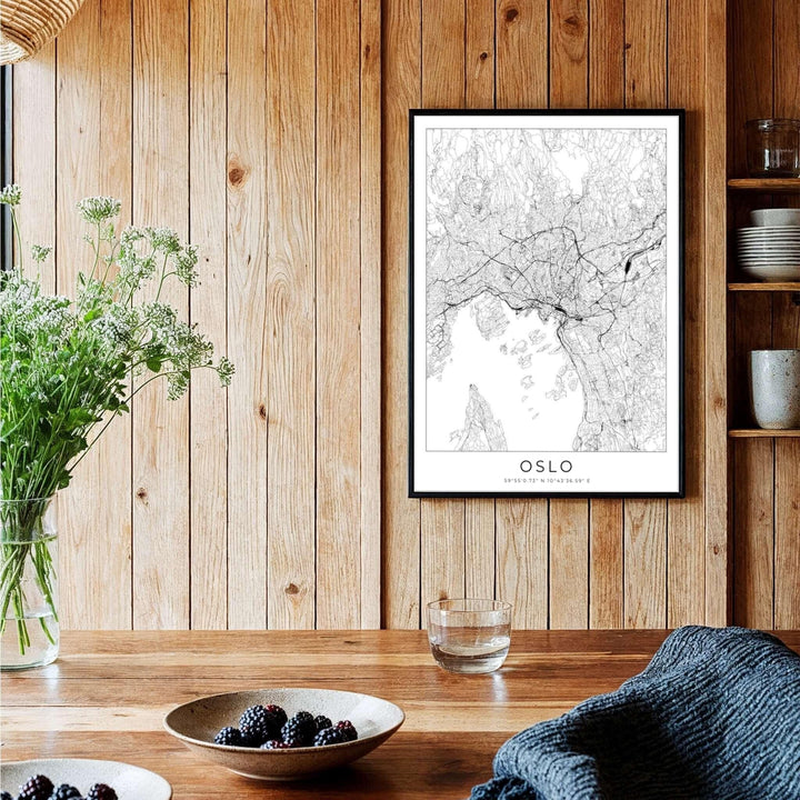 Clean line city grid art poster illustrating the central urban layout of Oslo Norway on a bright white background canvas. Enhance your office space with options including unframed archival paper prints, custom wood framed artwork, and gallery quality canvas wraps.