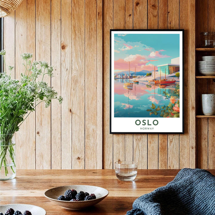 Luminous pastel vector art illustration of the Oslo Opera House waterfront highlighted by vintage sailboats and tranquil fjord waters. Created by MapYourDreams, this fine art selection includes presentation formats like unframed poster paper, solid wood framed prints, and gallery canvas wraps.