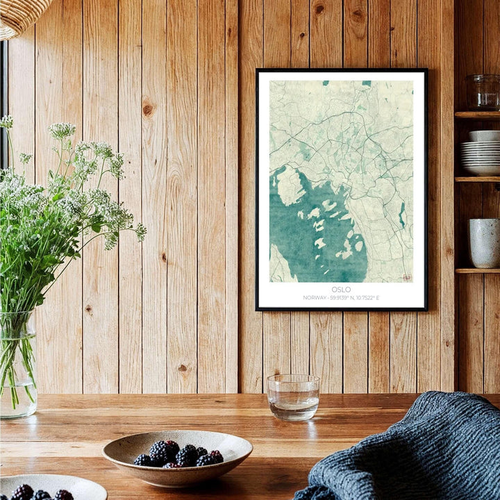 Antique line city grid art poster illustrating the coastal layout of Oslo Norway on a warm aged parchment background. Enhance your office space with options including unframed archival paper prints, custom wood framed artwork, and gallery quality canvas wraps.