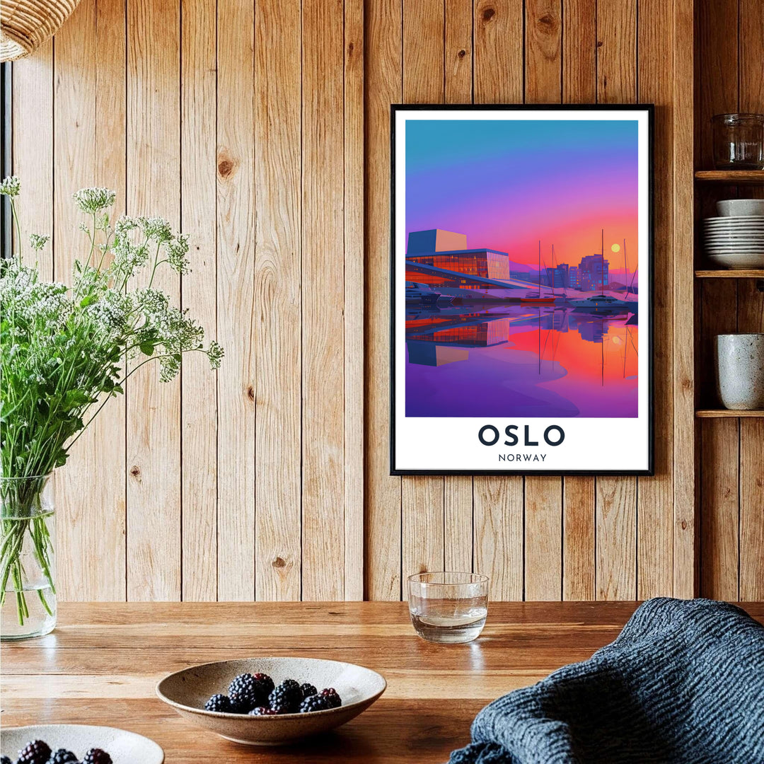 Expressive sunset architectural art poster featuring the Oslo Opera House along the Oslofjord shoreline under a fiery sky gradient. Enhance your office space with options including unframed archival paper prints, custom wood framed artwork, and gallery quality canvas wraps.
