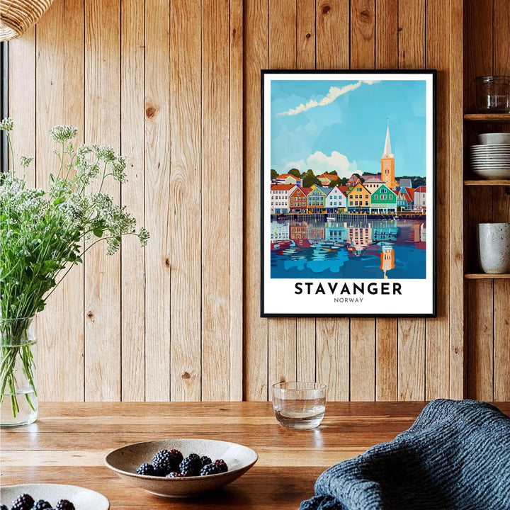 Nostalgic coastal town art poster featuring the historic harbor buildings and skyline of Stavanger Norway with calm ocean reflections. Enhance your office space with options including unframed archival paper prints, custom wood framed artwork, and gallery quality canvas wraps.