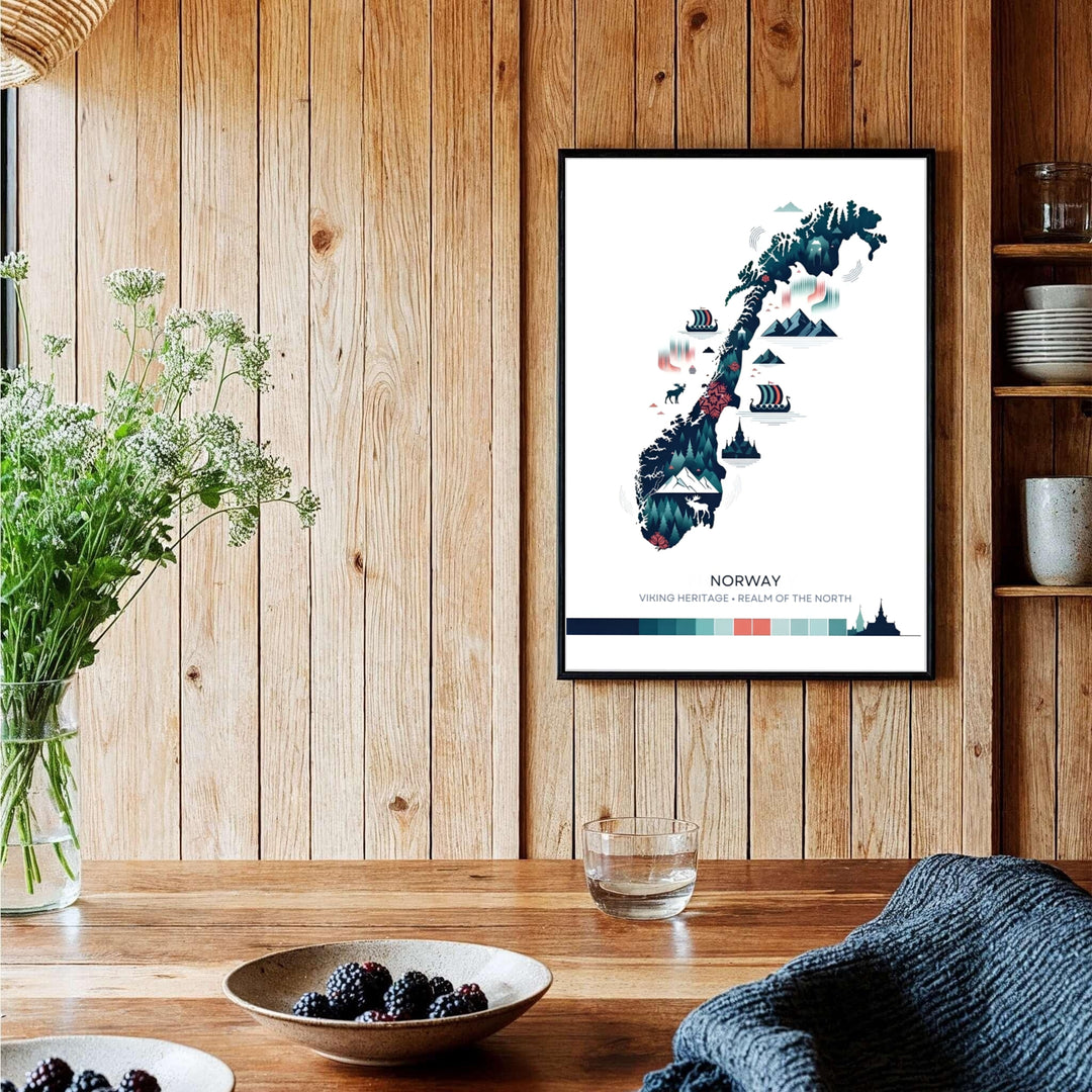Cultural Nordic map illustration of Norway featuring Viking longships, glowing northern lights waves, and iconic stave church silhouettes. Enhance your office space with options including unframed archival paper prints, custom wood framed artwork, and gallery quality canvas wraps.
