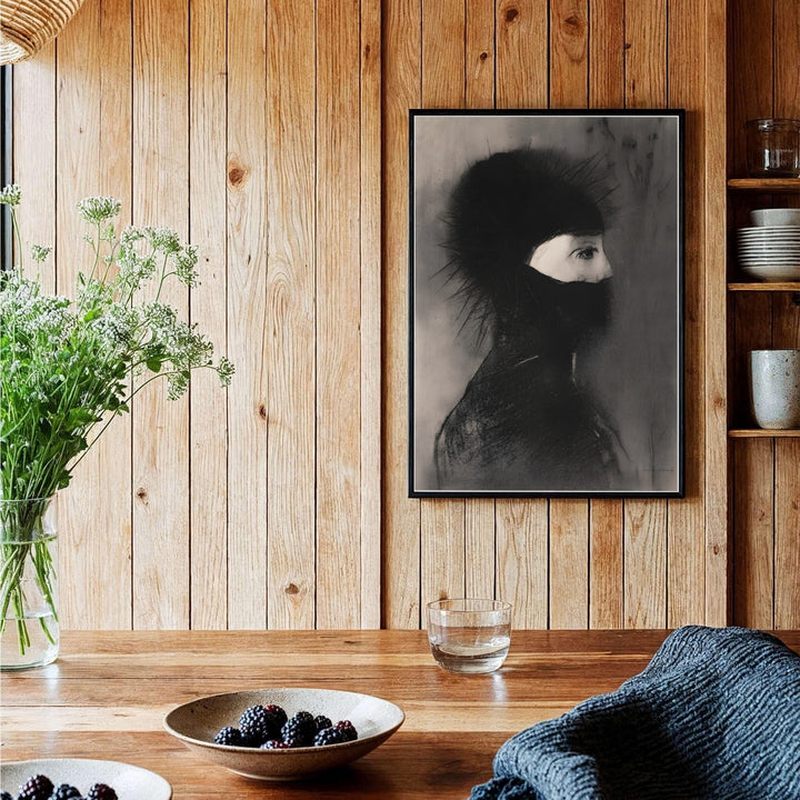 Authentic 1891 lithograph reproduction of Odilon Redon Armor at The Metropolitan Museum of Art in New York City with spiky dark cowl details. Order custom framed pieces, unframed paper options, or gallery canvas prints from MapYourDreams to transform your living room wall decor.