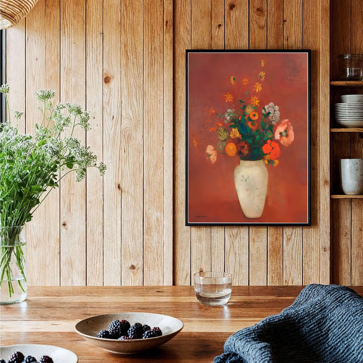 The mesmerizing color contrast between the cool white vase and the glowing terracotta background in Odilon Redon&