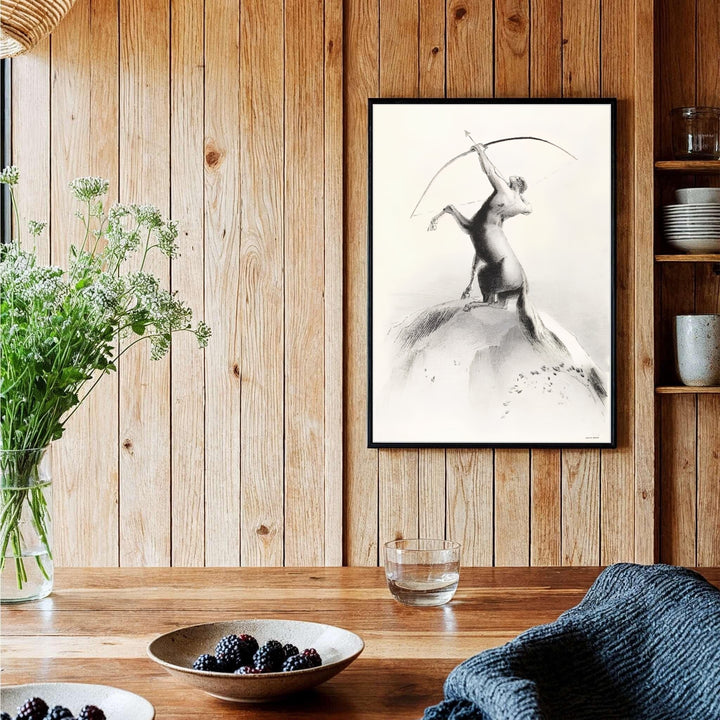 Softly shaded monochrome print of Centaur Aiming At The Clouds by Odilon Redon, highlighting vintage 19th-century mythology artwork. MapYourDreams reproduces this artwork on archival stock with options including unframed art paper, premium framed mouldings, and stretched canvas setups.