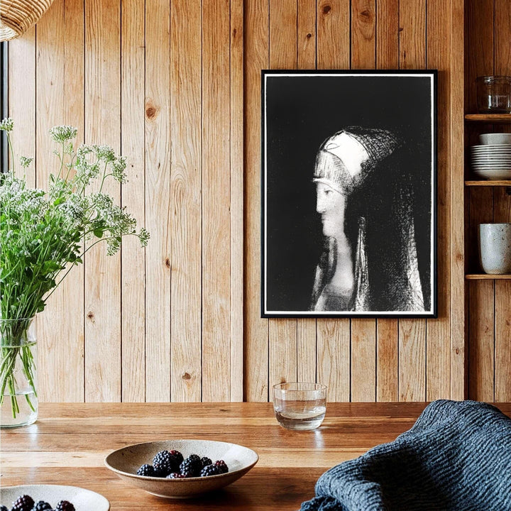 Fine art portrait print of Odilon Redon’s Druidesse created in 1891, featuring serene profile linework and dense black tones. MapYourDreams provides tailored wall decor selections, ranging from unframed paper posters to pre-framed displays and gallery canvas wraps.