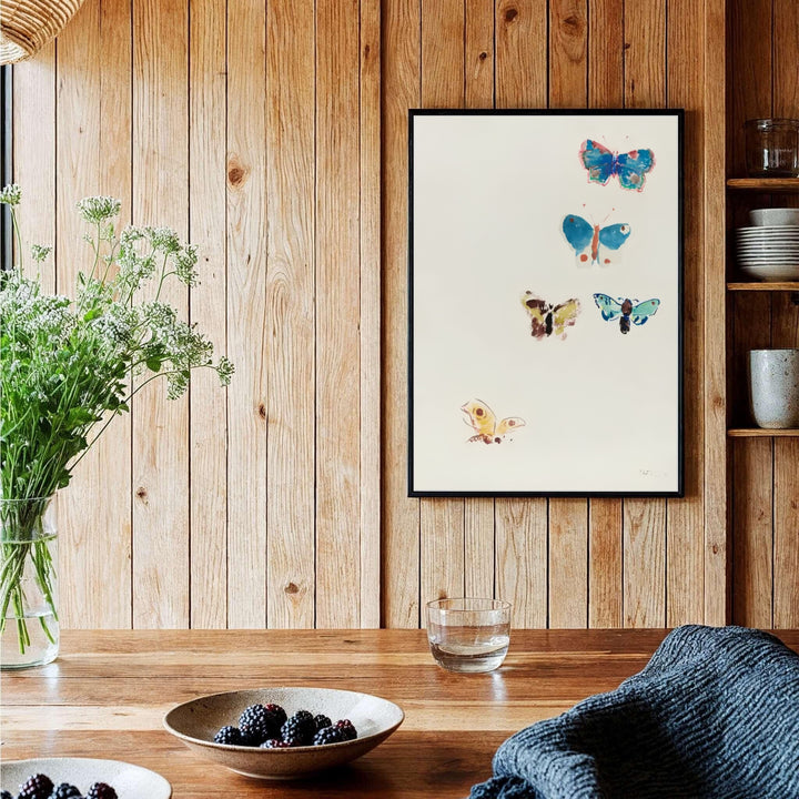 Fine art watercolor print of Odilon Redon’s Five Butterflies created in 1910, featuring delicate insect details and bright sky blue tones. MapYourDreams provides tailored wall decor selections, ranging from unframed paper posters to pre-framed displays and gallery canvas wraps.
