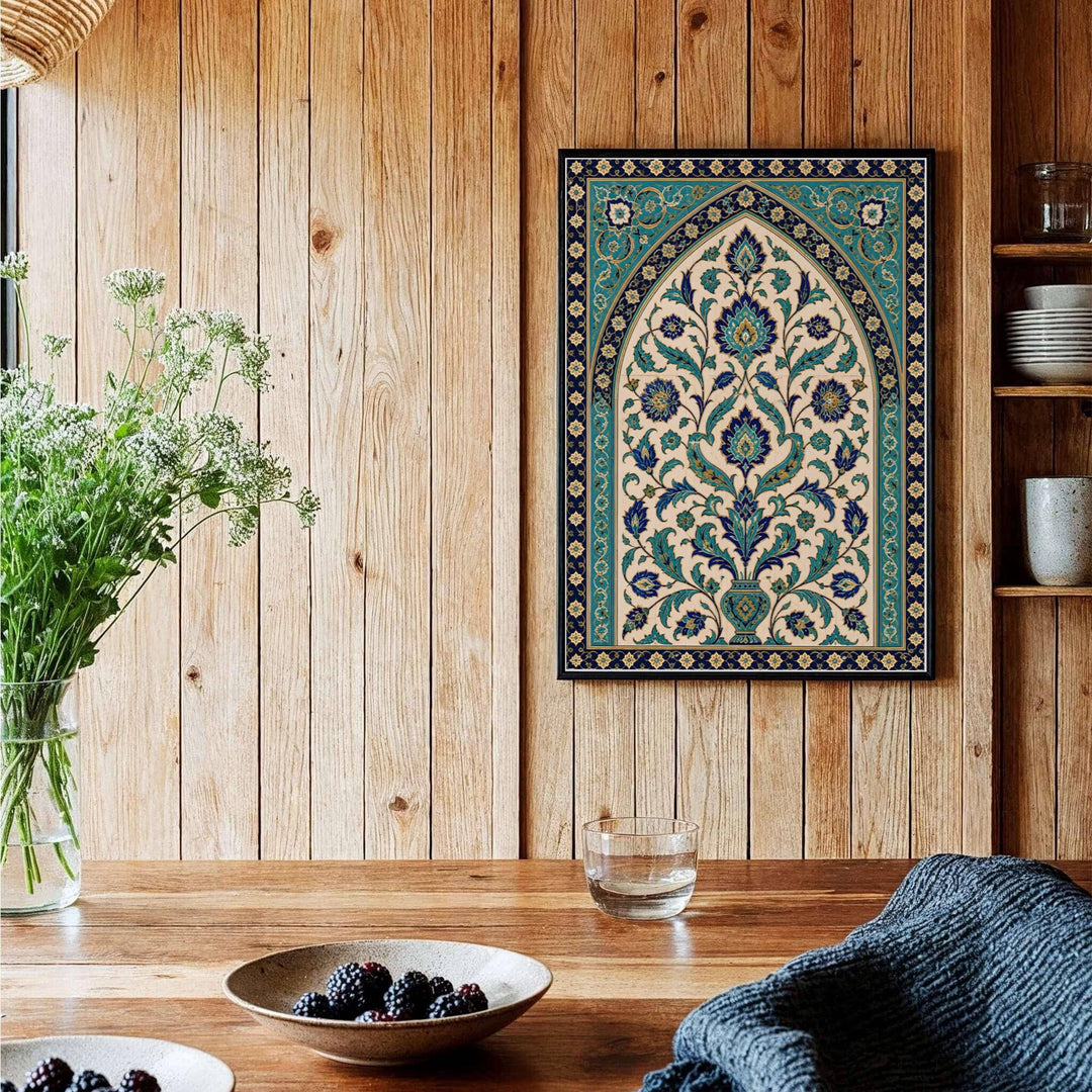 Symmetrical fine art print of historic Ottoman Iznik tile arch showing a central vase filled with palmettes, tulips, and arabesque foliage. Curated by MapYourDreams, this artwork is available in flexible options including unframed paper, custom wooden frames, and gallery canvas wraps tailored for interior design.